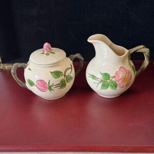 Franciscan Desert Rose sugar bowl & creamer 1960s Floral Cream and Pink Ceramic
